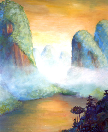 A serene misty mountain landscape at sunrise with soft colors.