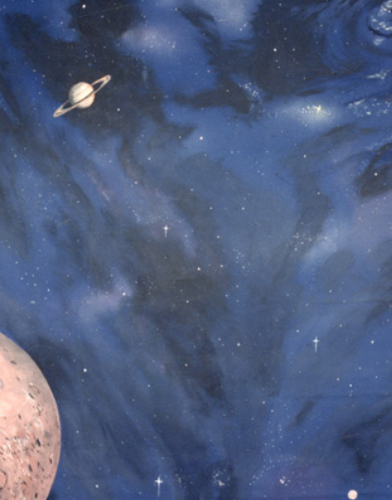 A cosmic scene with planets and stars in deep space.