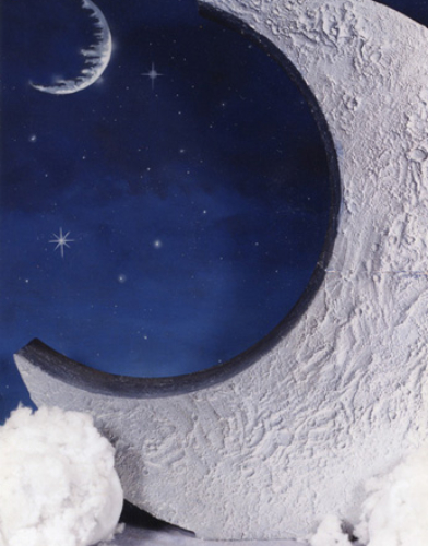 Moon and stars seen through a round window on a textured white wall.