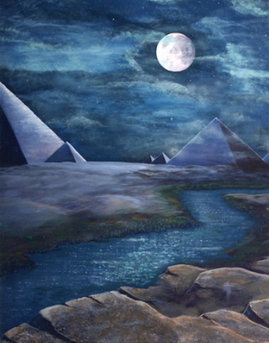 Surreal night landscape with pyramids, river, and glowing moon.