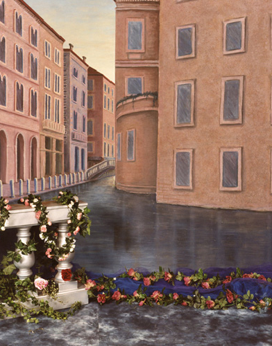 A serene canal scene with classic European buildings and floral decorations.