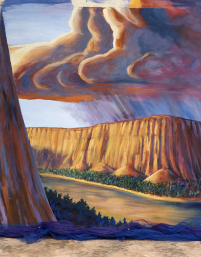 A dramatic landscape featuring cliffs, a river, and a swirling sky.