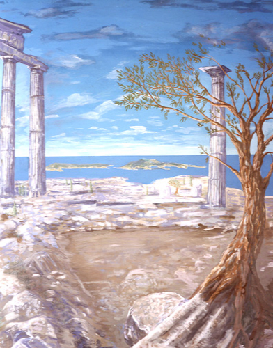 A serene seaside ruin under a blue sky with a lone tree.