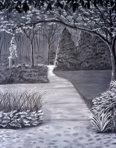 Black and white painting of a park path with a swing and trees.
