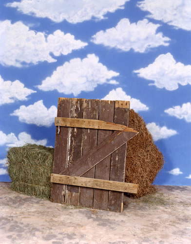 A rustic wooden door with hay bales under a blue sky with clouds.